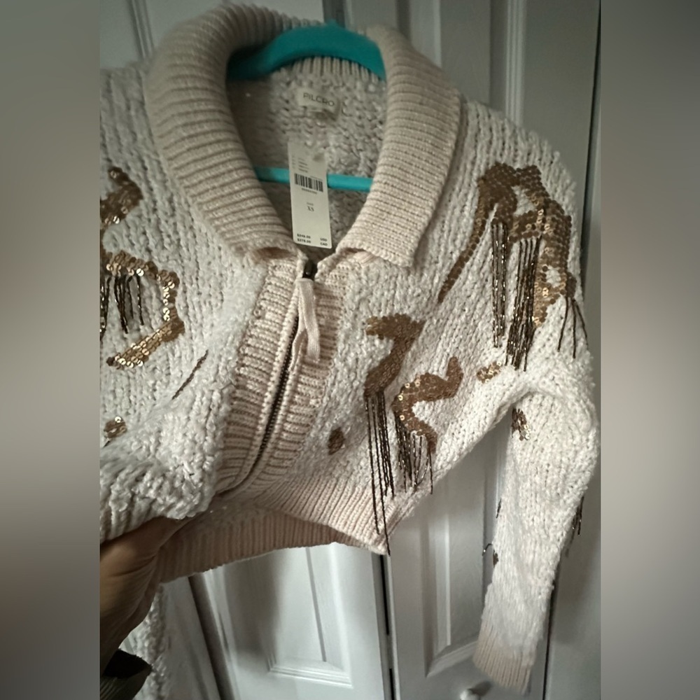 RARE ANTHROPOLOGIE NWT Sequin Cropped Cardigan Sweaterin Neutral-Size XS - Picture 11 of 13